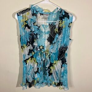 Vintage Kim Rogers Sheer Blue Floral Tie Front Blouse Size L